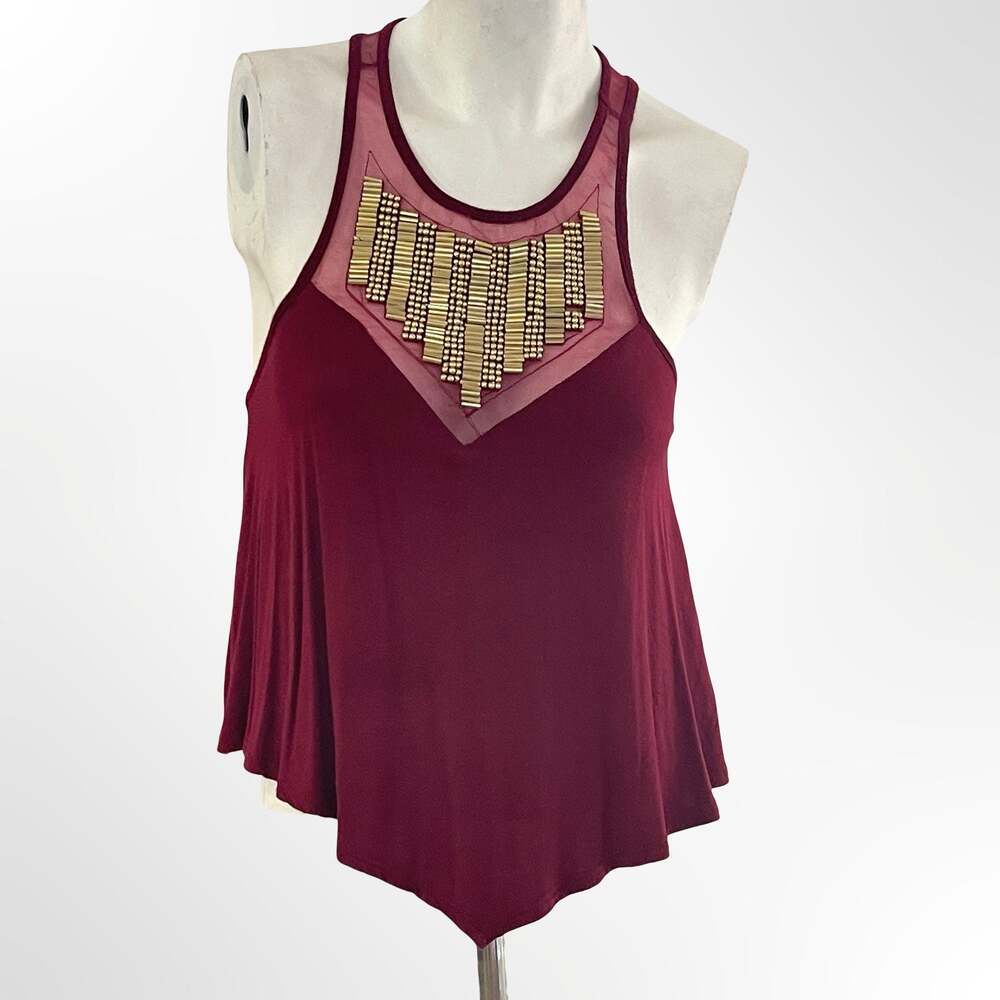 Charlotte Russe Burgundy Embellished Mixed Media Racerback Tank Top